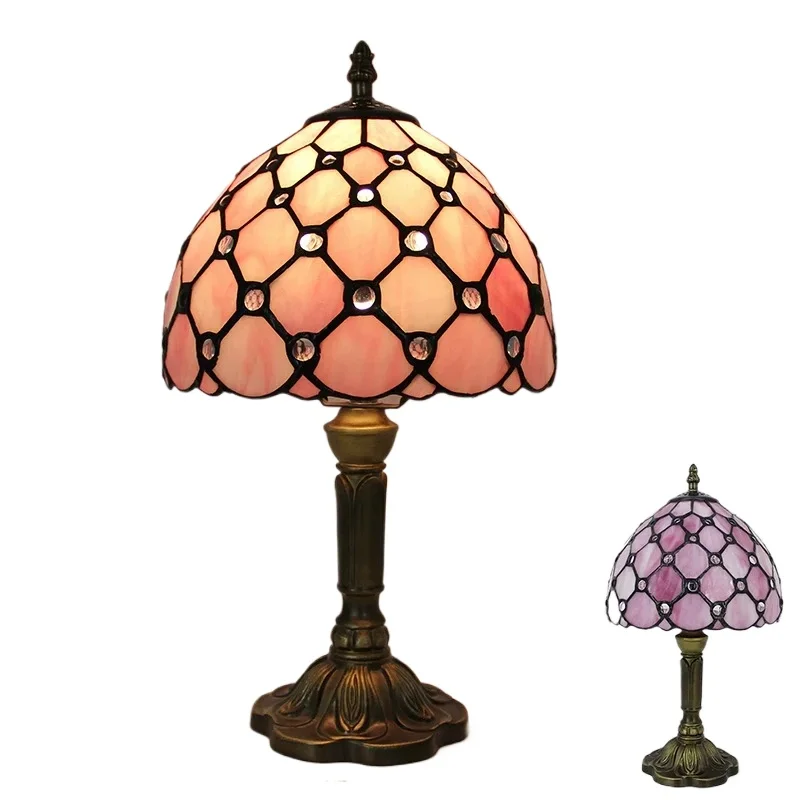 8inch Vintage Stained Glass Reading Lamps Shade Bookcase Antique Pink Pearl Bead Style Tiffany Bedside Table Lamp