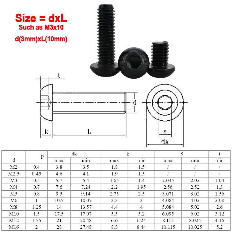 Preto Aço Carbono Hex Allen Parafuso Porca Kit, Parafusos de Carenagem do Motor, Soquete de Hexágono, Parafusos de Cabeça Redonda, ISO7380, M2, M3, M4, M5, M6, Grau 9