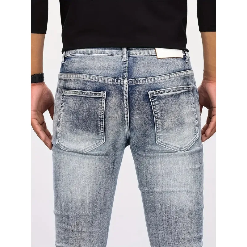 Trendy Jeans Men's Small Straight Leg Denim Design Pants New Slim Fit Small Hole Long Pants High Street Classic High Quality