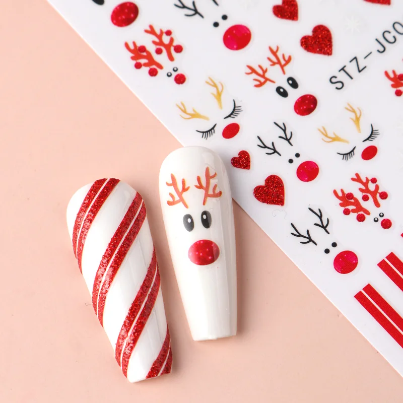 การ์ตูนคริสต์มาสสติกเกอร์เล็บน่ารักกวางเขากวางเกล็ดหิมะหัวใจลายกาวสติ๊กเกอร์กลิตเตอร์ปีใหม่สไลเดอร์ตกแต่งเล็บ
