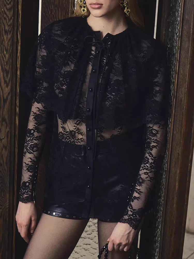 

Articat Elegant See-through Lace Shawl Tie Women's Set Women 2026 New Summer Faux Two-piece Set Cardigan Top Street Clothing