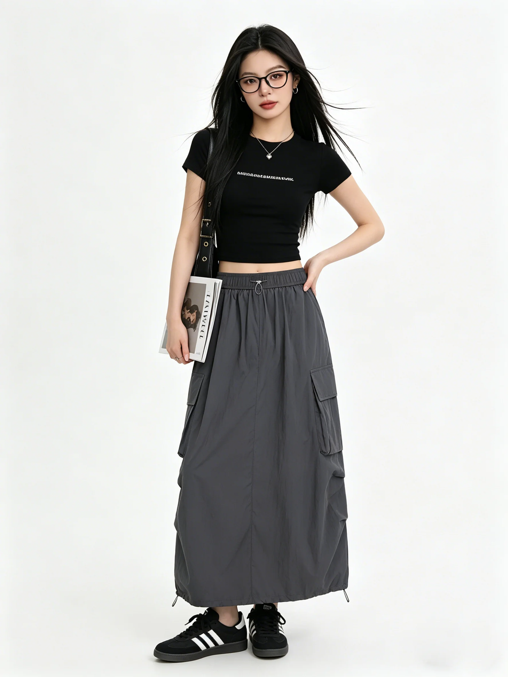 Gray A-Line High Waist Elastic Waist Loose Women's Skirt Commute Style Summer Fashion Slimming American Workwear Half Skirt