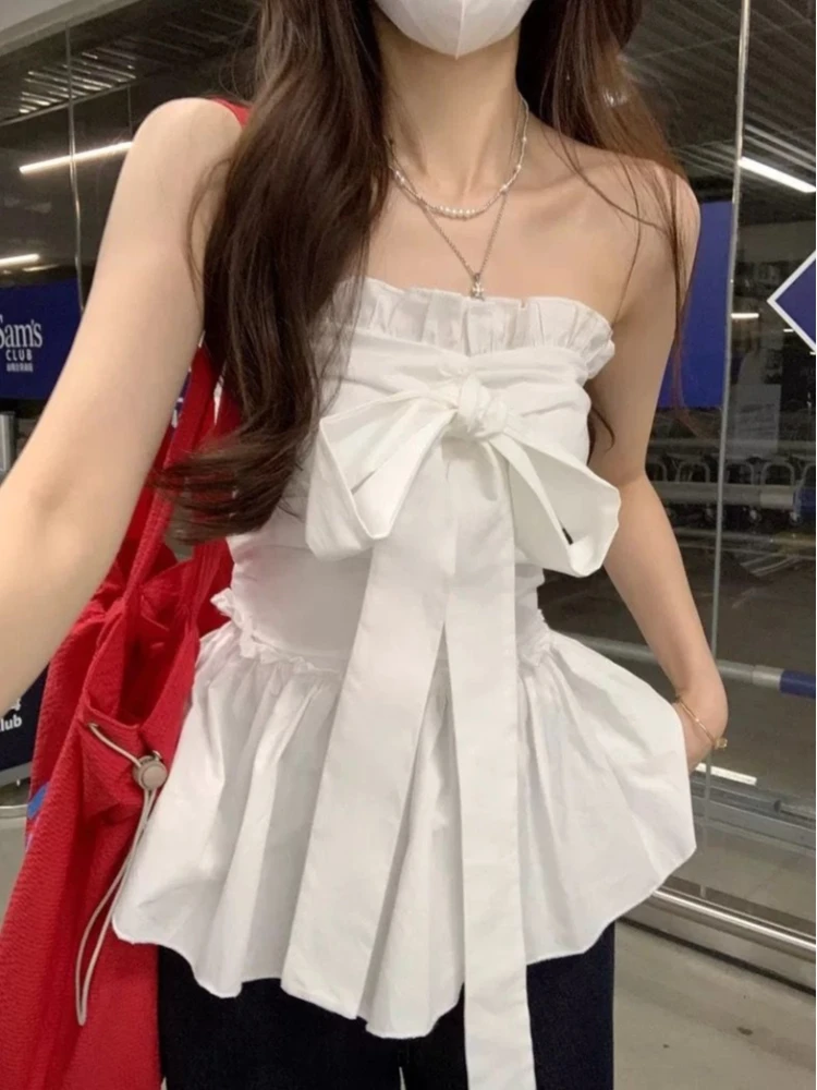 

Japanese Sweet Wind White Bow Strap Women's strapless Tank Top Summer Y2K Harajuku Wind Lotus Leaf Edge Slimming Spicy Girl Top