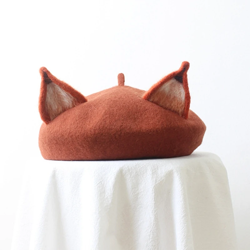 Cute Fox Ear Beret Casual Warm Painter Hat Handmade Beret Honey Color