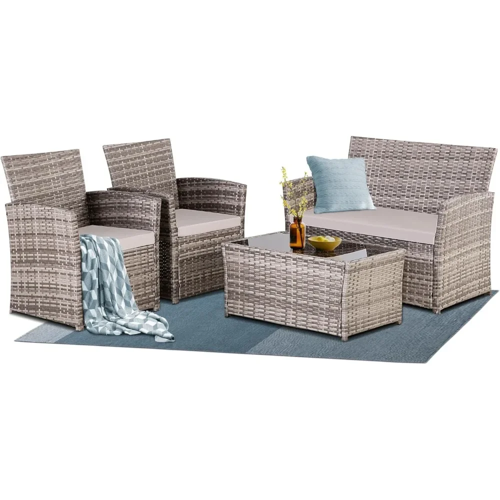 4 Piece Patio Furniture Set,Outdoor Wicker Conversation Sets,Rattan Sectional Sofa W/Coffee Table,Seat Cushions for Backyard