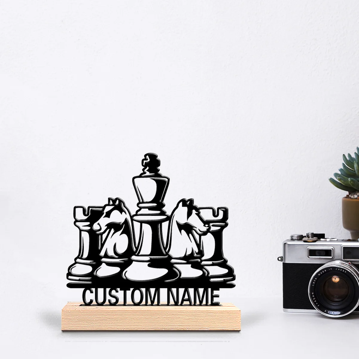 1pc Abstract chess Custom Name Tin Statue Metal Ornament Handicraft With Wood Base Metal Ornament For Boys Gifts