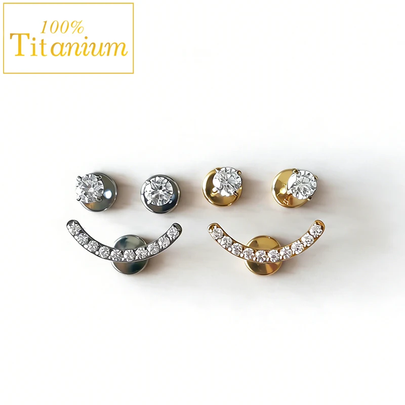 3pcs/Set ASTM F136 Titanium 16G Smile Cubic Zirconia Ear Studs Internal Thread Flat Back Earrings Labret Helix Piercing Jewelry