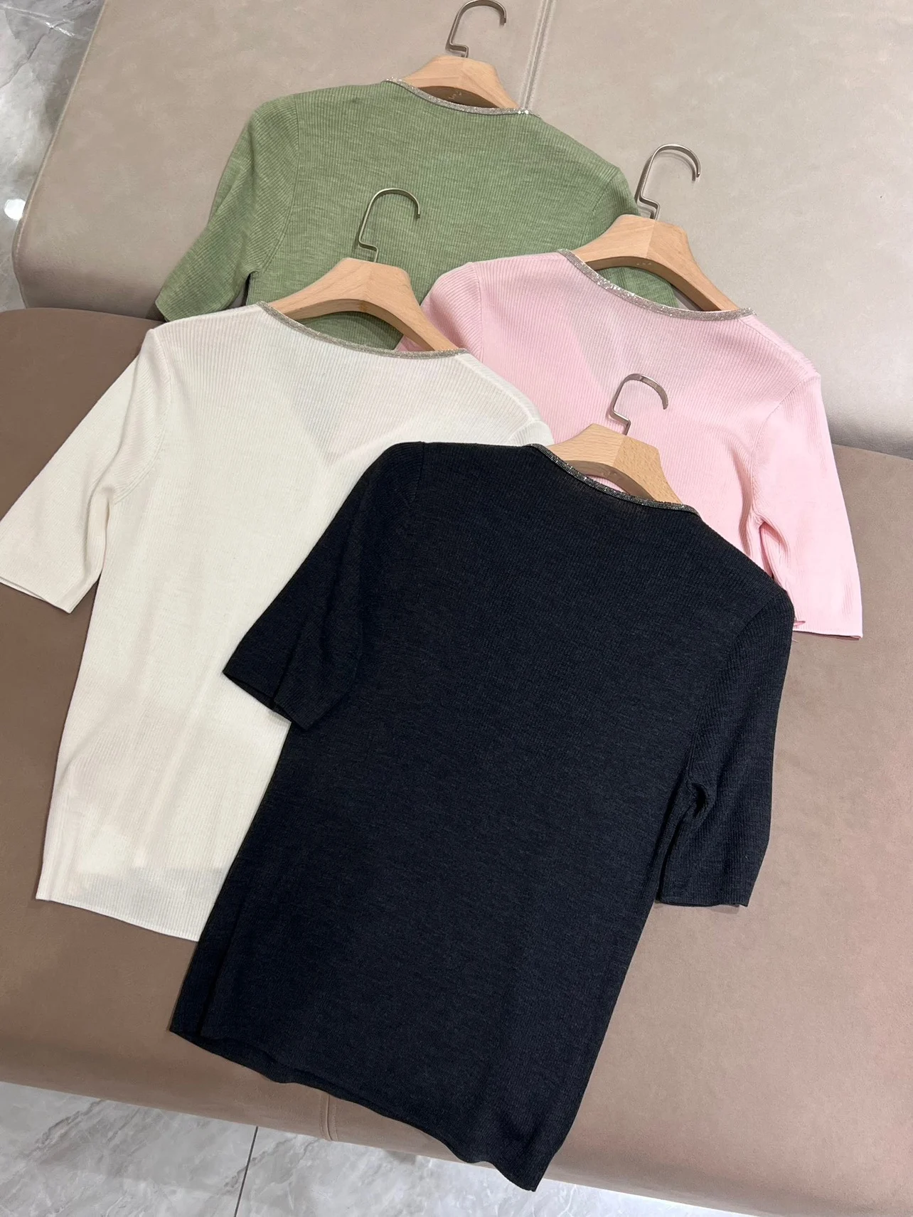 T-shirt manches courtes col en V pour femme, haut en laine JOWool, vêtements décontractés, été