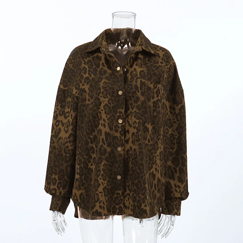 Leopard Print Cotton spring jacket Women blouse shirts summer Cardigan Streetwear Oversized long sleeves women clothing