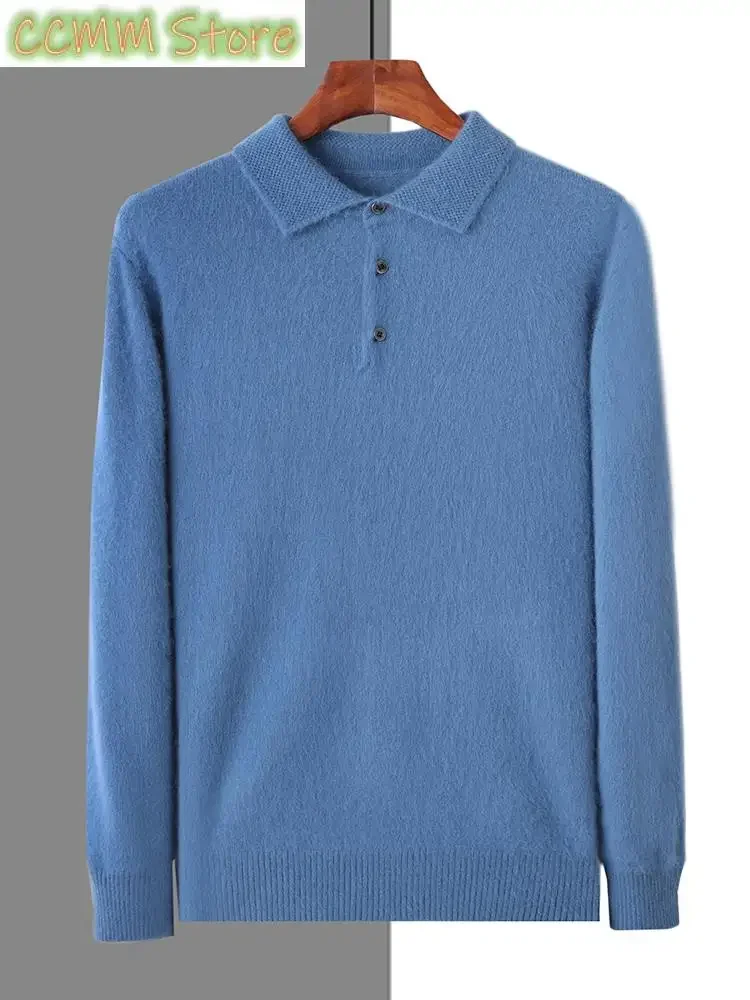 Mink Cashmere Jacket Men's POLO Collar Pullover Spring Autumn New Knitted Tops Casual Loose Large Size Men's Shirts