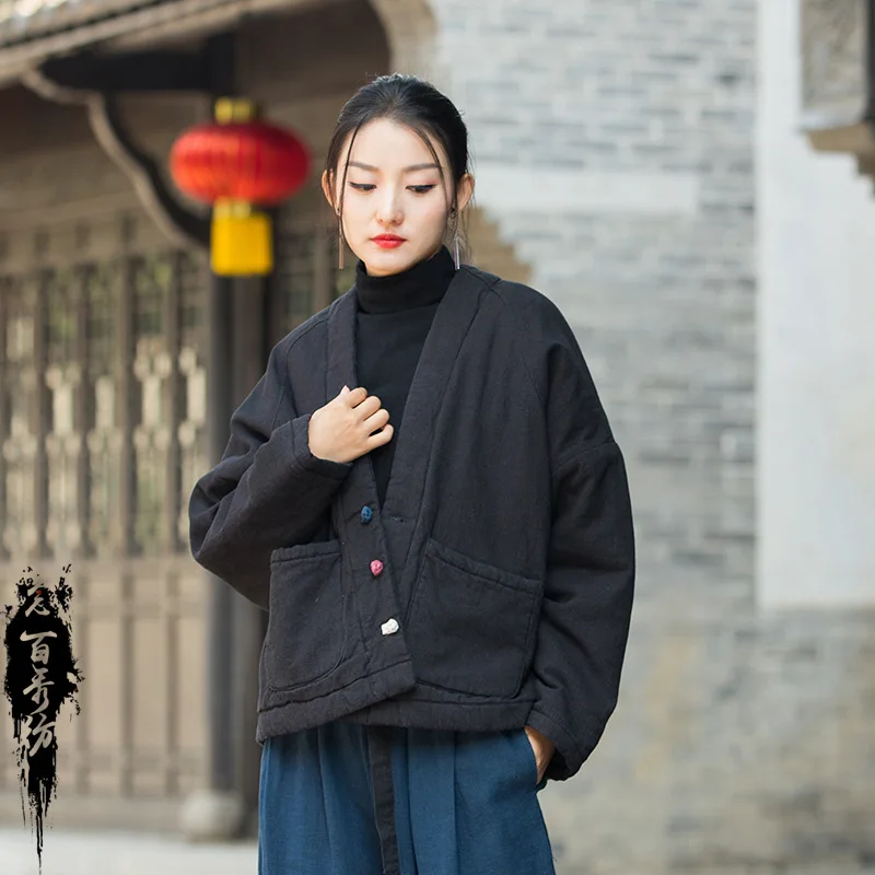 2024 New Arrival Winter Women All-matched Ramie Warm Thickened Long Sleeve Single Breasted Parker Casual Cotton V-neck Coats Y59
