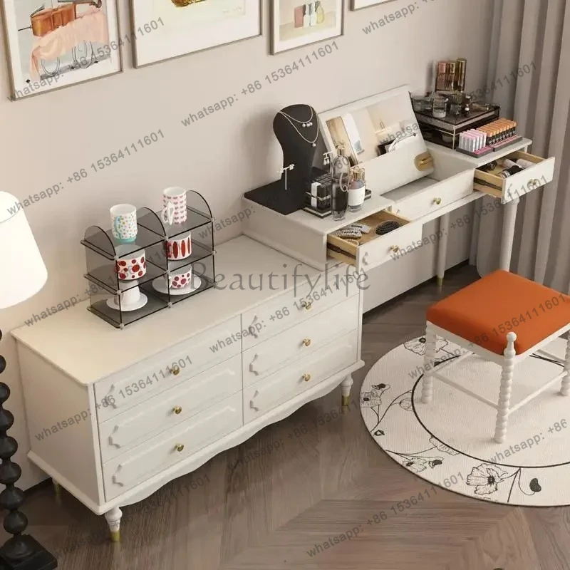 

yj5 Cream chest dresser integrated American medieval solid wood dresser end corner retractable makeup table