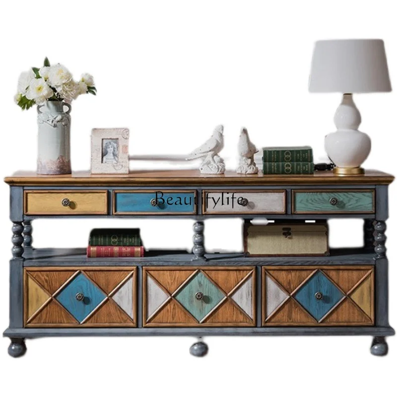 

Mediterranean American painted retro entrance table, drawer-type side cabinet, solid wood double-layer storage and finishing