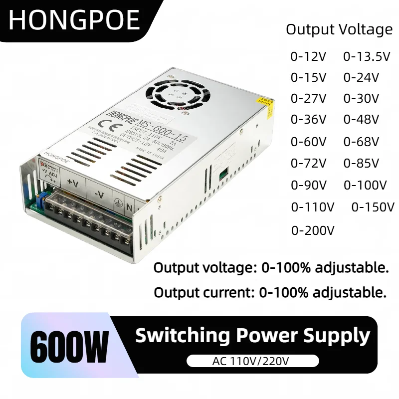 

600 Вт Регулируемый импульсный источник питания переменного тока 110 В/220 В постоянного тока 0-12 В 24 В 36 В 48 В 60 В 72 В 85 В 90 В 110 В 150 В 200 В SMPS для электроники