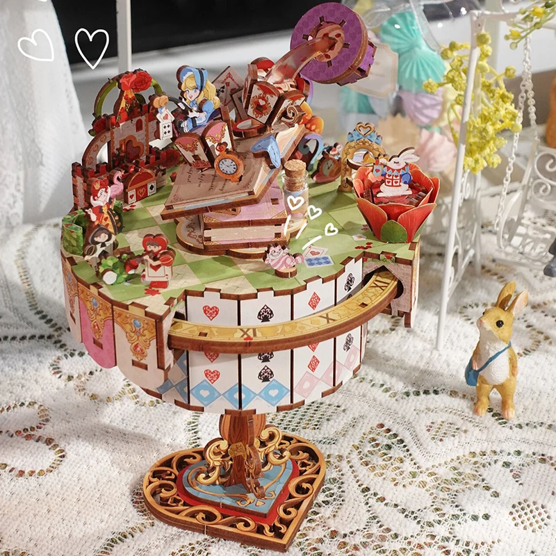 3D Wooden Puzzle Book Nook Princess in Wonderland Music Box Miniature Model Kits Jigsaw Puzzles for Friends Birthday Gifts