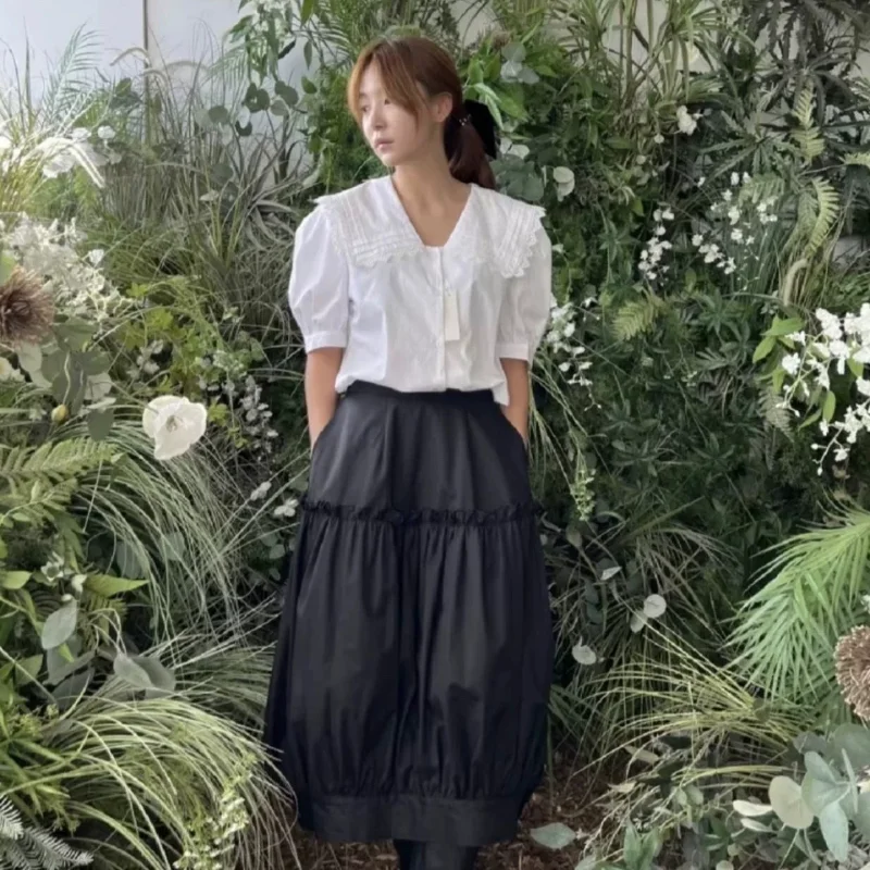 

Sweet Style White Cotton Shirt with Ruffle Lace Bubble Sleeve Naval Collar Anti-Aging Top for Women Summer Season Regular Fit