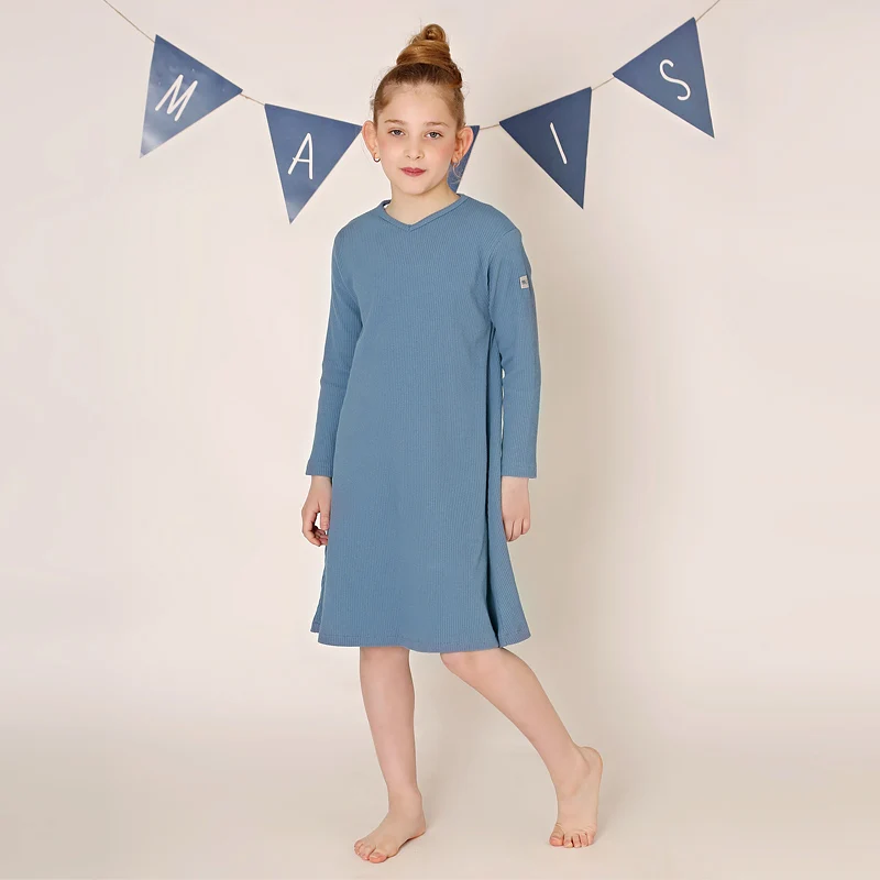 Multi-season long dress for girls v neck dresses long sleeves family pajamas set kids clothes knit ribbed material