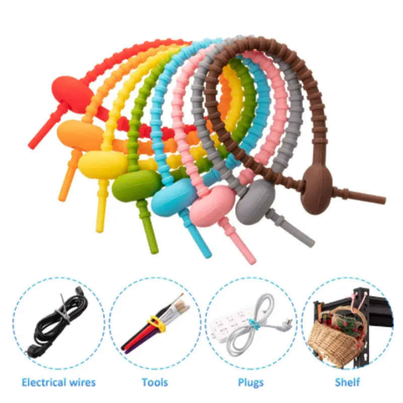 10Pcs Silicone Self-Locking Wire Cable Zip Ties Multi-functional Reusable Cable Ties Organiser Fasten Cable Food Bag Bundle Tool