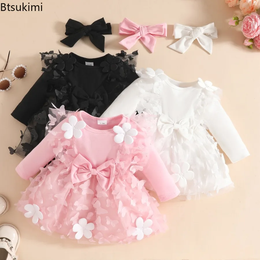 Autumn 0-18 Months Baby Girls' Dresses Skirt Long Sleeve Butterfly Mesh Patchwork Dress Hairband Newborn Girl Children Clothes