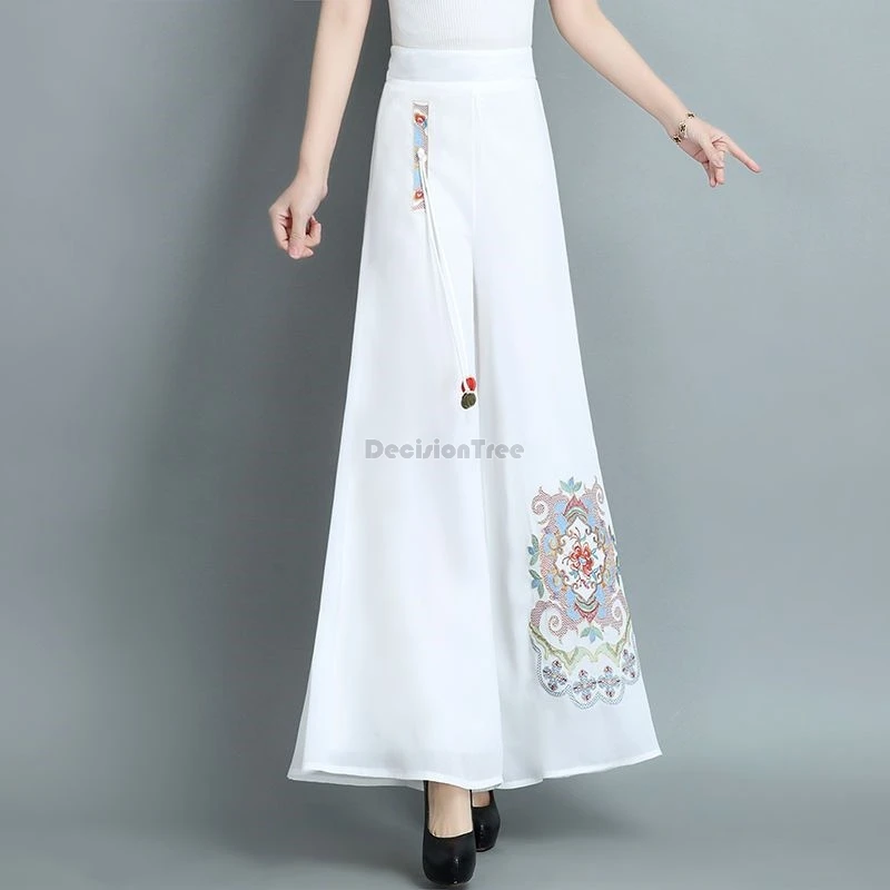 2024 chinese ethnic style classical dance chiffon pants exquisite embroidery literature art britches loose leisure tea trousers