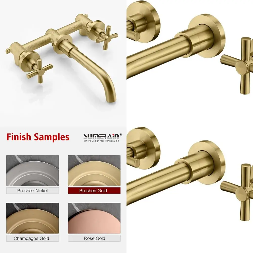 

Wall-Mounted Dual Handle Brushed Brass Bathroom Faucet with Included Rough-In Valve