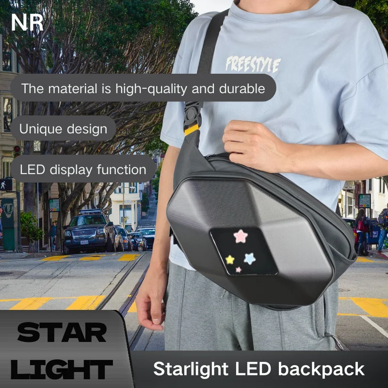 Motorcycle shoulder bag with LED display screen mobile app controls travel backpack work bag