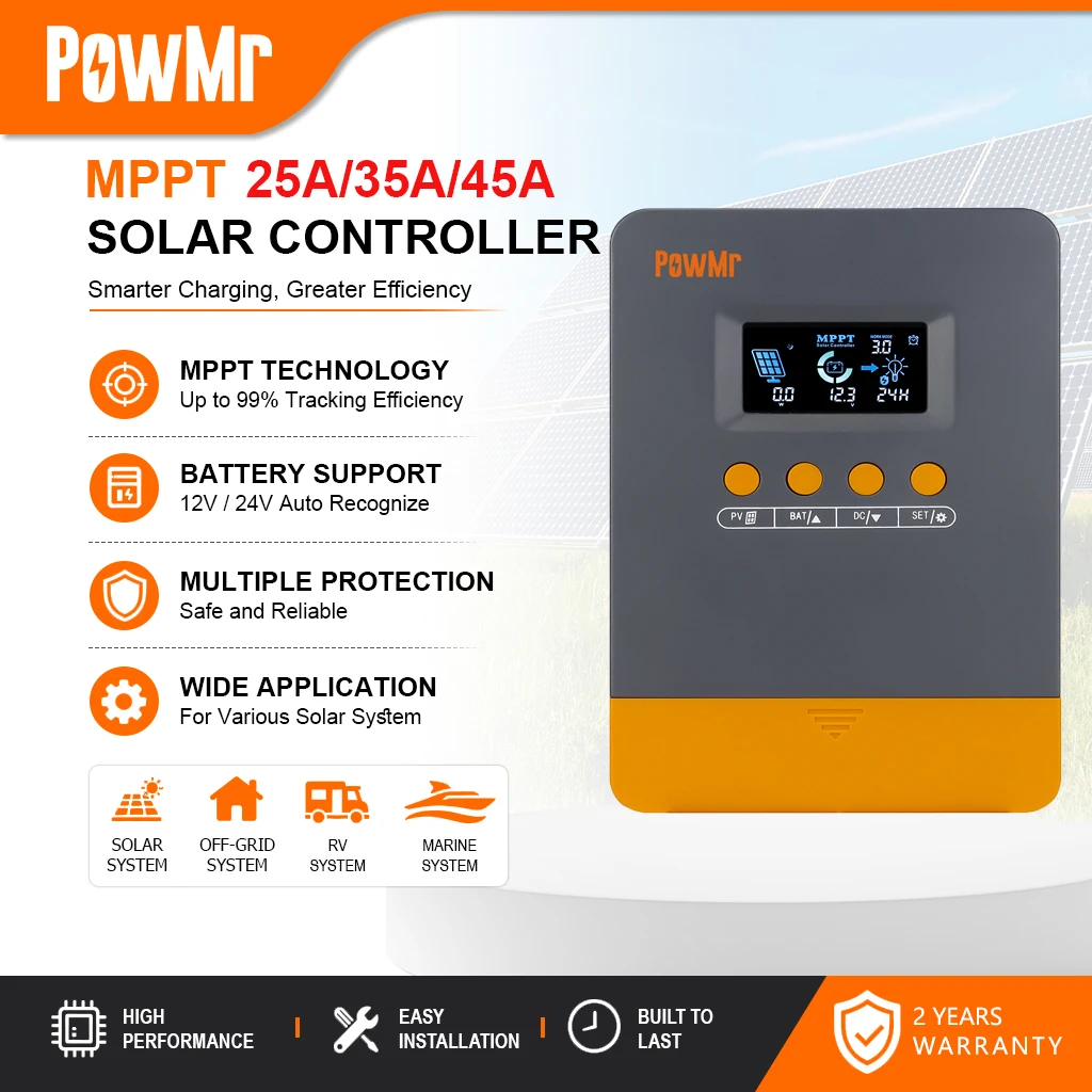 Contrôleur de charge solaire MPPT PowMr 25A 35A 45A PRO M25 M35 M45 12V/24V avec régulateur de batterie automatique et écran LCD pour batteries au plomb, lithium et LiFePO4, idéal pour systèmes solaires hors réseau - Stock local DE PL