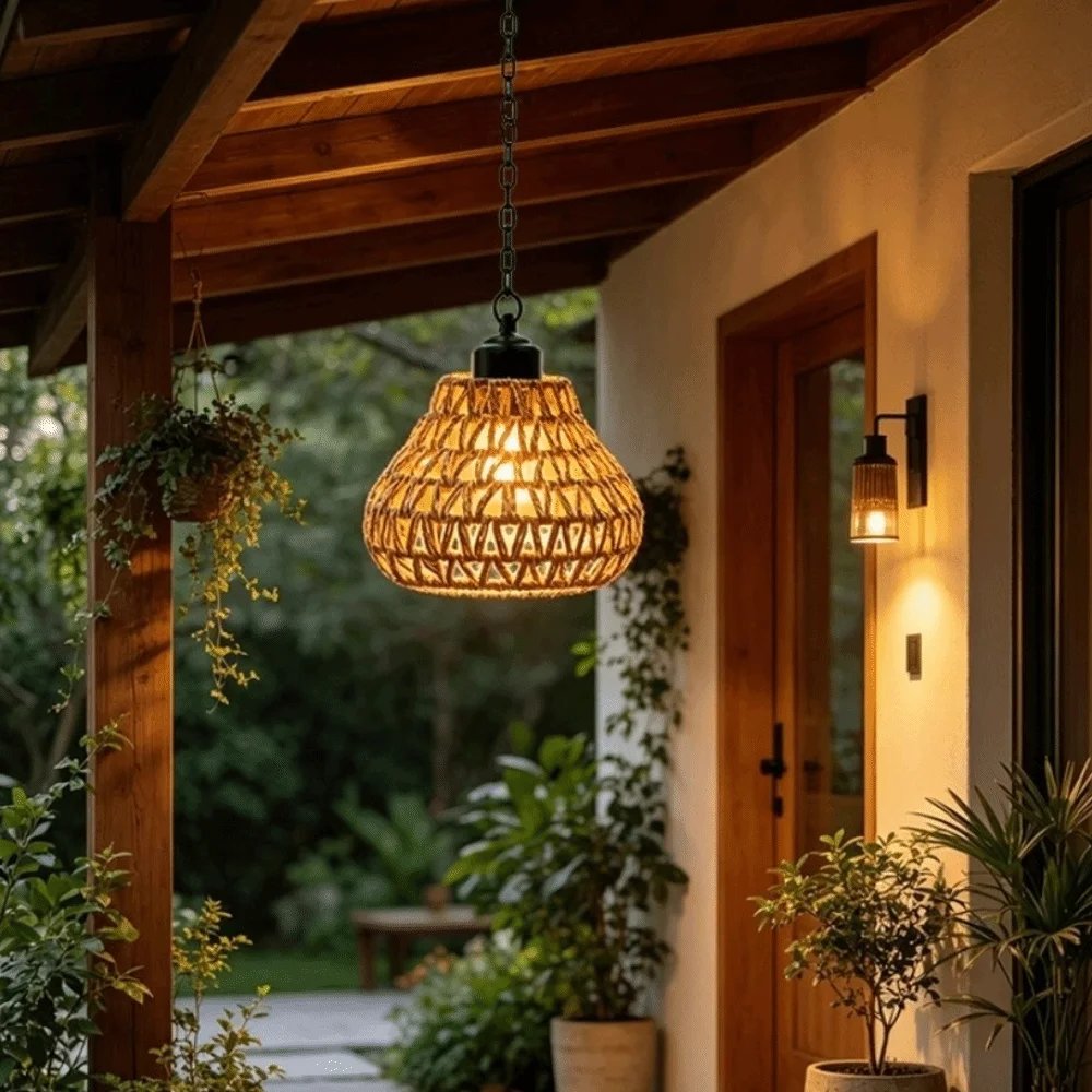 Long Iron Chain Rattan Hanging Lights Rope Woven Shade Brightness Adjustment Rechargeable Pendant Light Pation Decor Hand Craft