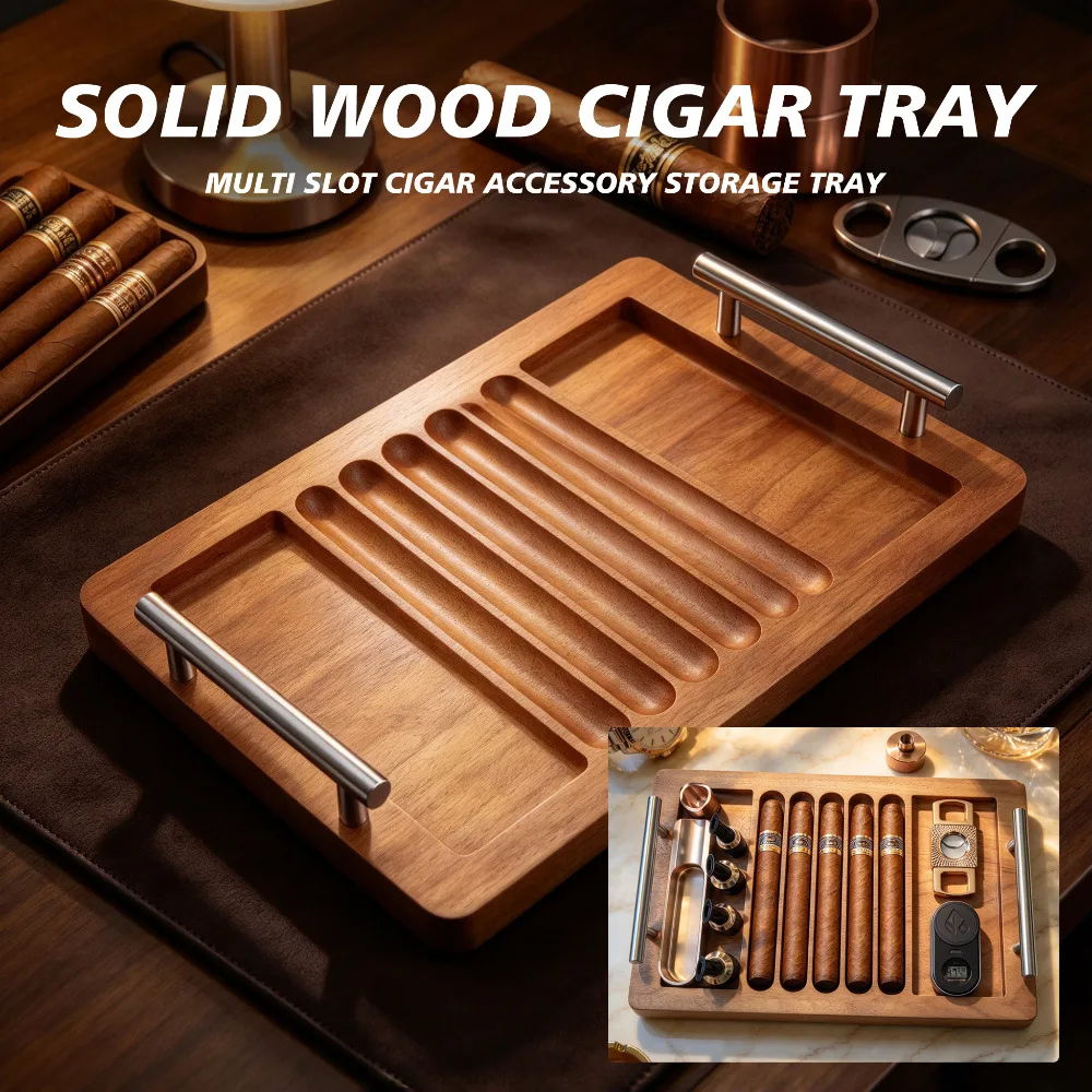 Cigar Accessories,Wooden Cigar Tray with Metal Handles,Side Grooves for Cigar Lighter Cutter Smoking Accessories