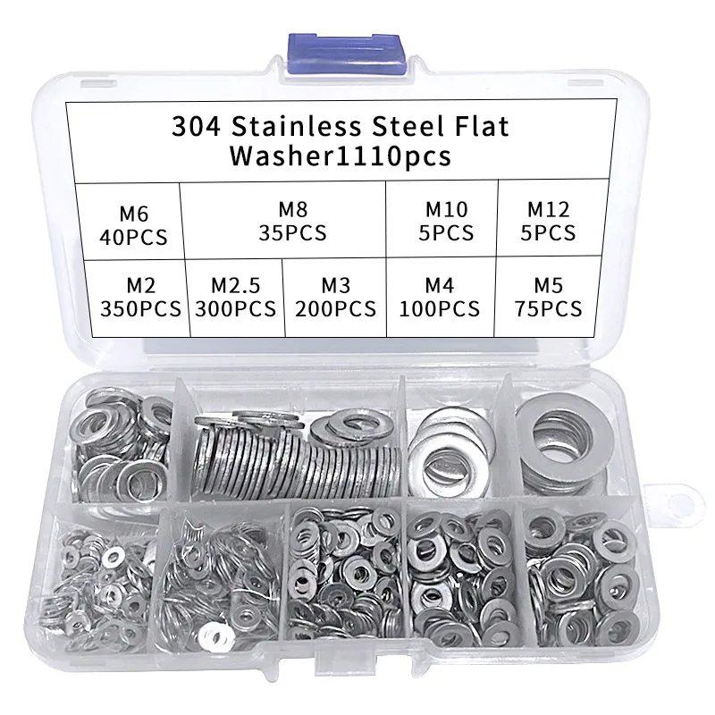 

1110 Pcs Stainless Steel Flat Washers for Screws, 304 Stainless Steel, Assorted Sizes for Industrial Use, Washers for Bolts