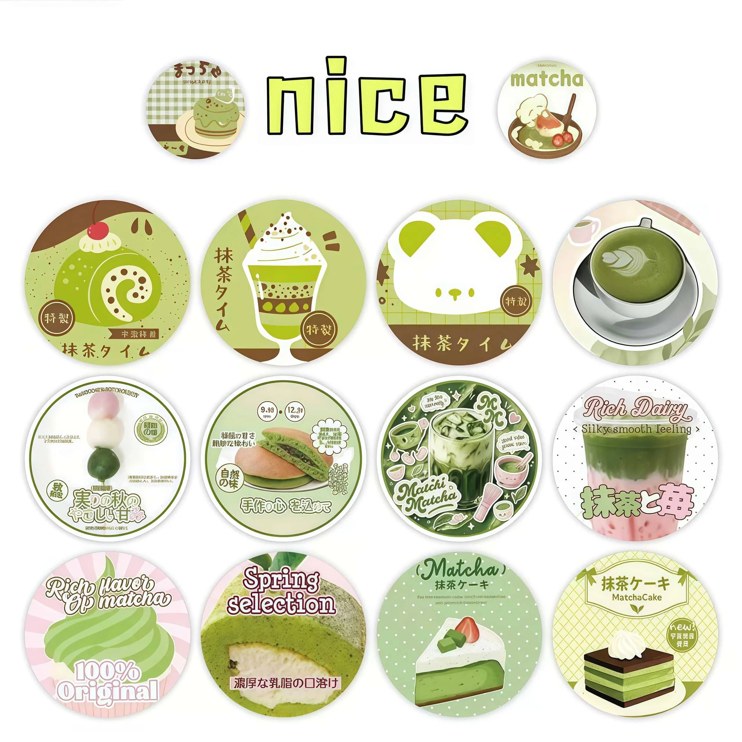 500Pcs Matcha Dessert Round Sticker Roll, Cute Green Tea Cake Bear Pattern Labels for Packaging Journal Scrapbook DIY Decor