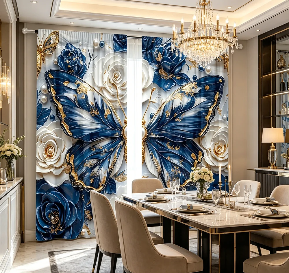 2PCS Digital Printed Curtains, Blue White Rose Pattern, Classic French Elegant Floral Style for Living Room Bedroom Home Decor