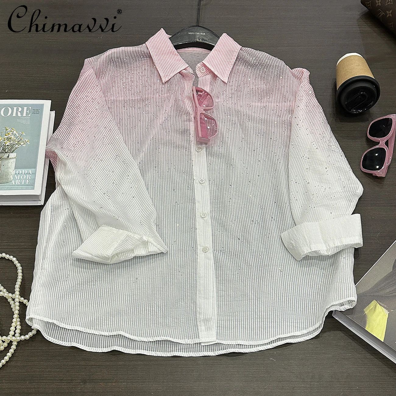 2025 Summer Heavy New Hot Diamond Gradual Change Color Long-sleeved Shirt Women's Fashion Loose Casual Style Long Blouse Top