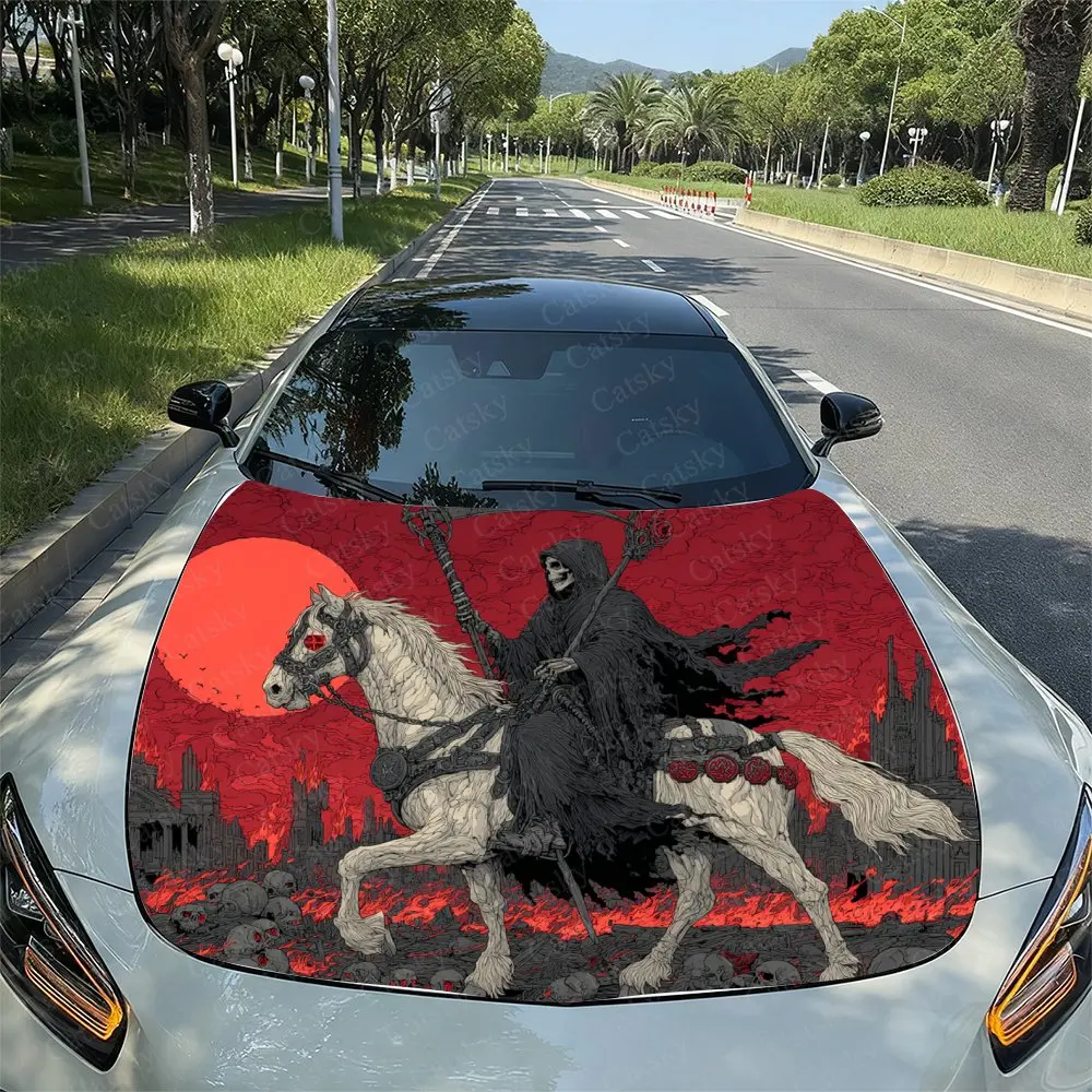 

Car Hood Film,Red Night Moon Dark Skull Knight Pattern Car Sticker-suitable For Most Car Models Of Vinyl Film,external Accessori