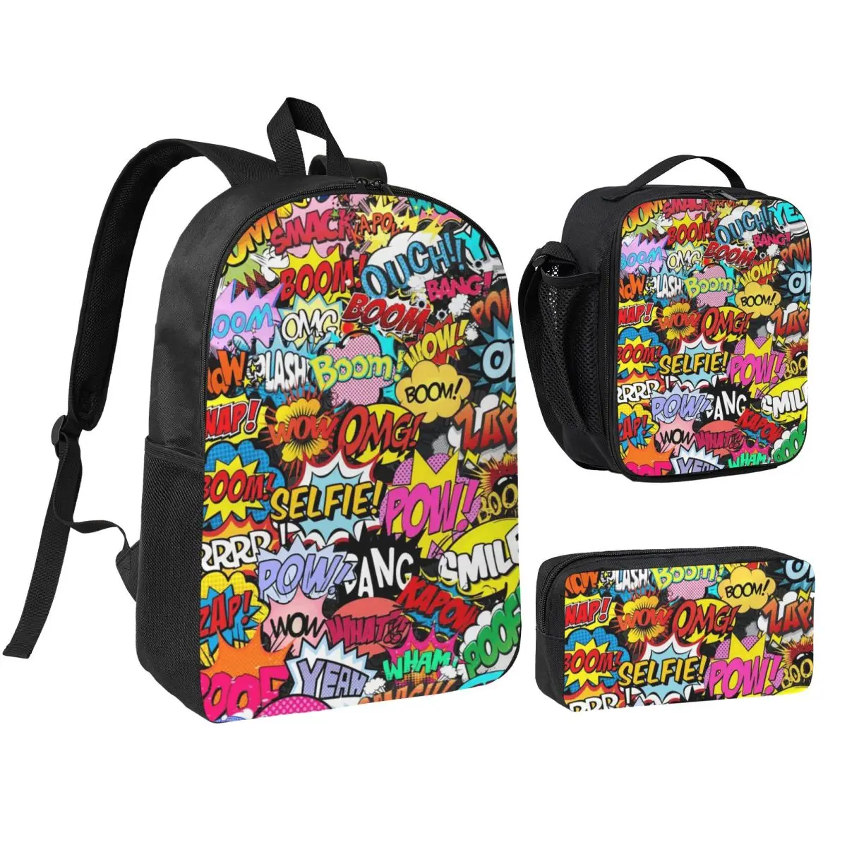 

Fun Street Graffiti Comic Pop Art Backpack Student BookBag School Bag Shoulder Bags 3ps Insulated Lunch Bag Pencil Case