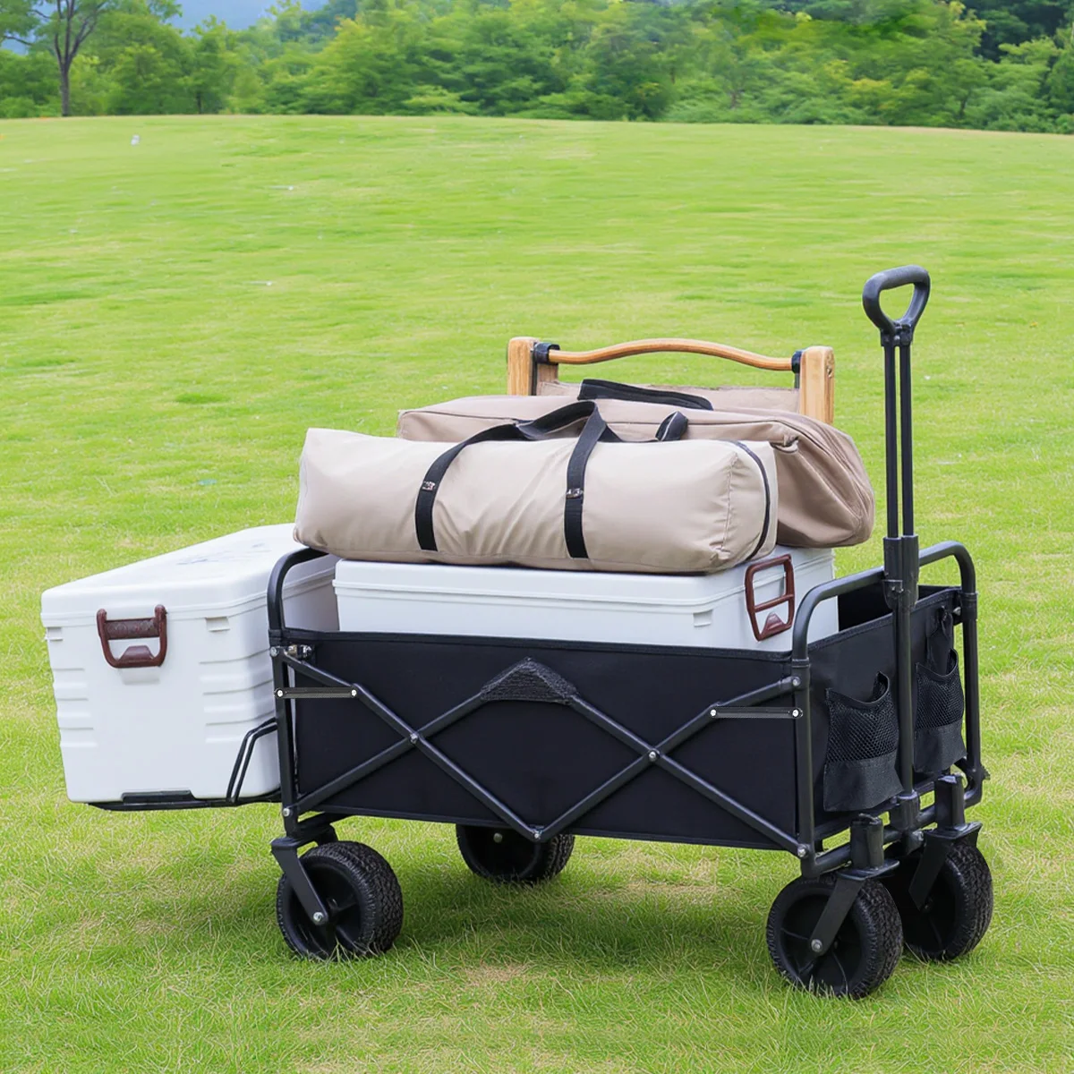 100 كجم 4 عجلات مطاط صلب 360 °   هيكل معدني عجلات قابلة للطي مقاس 75 × 75 سم للتخييم في حديقة الشاطئ