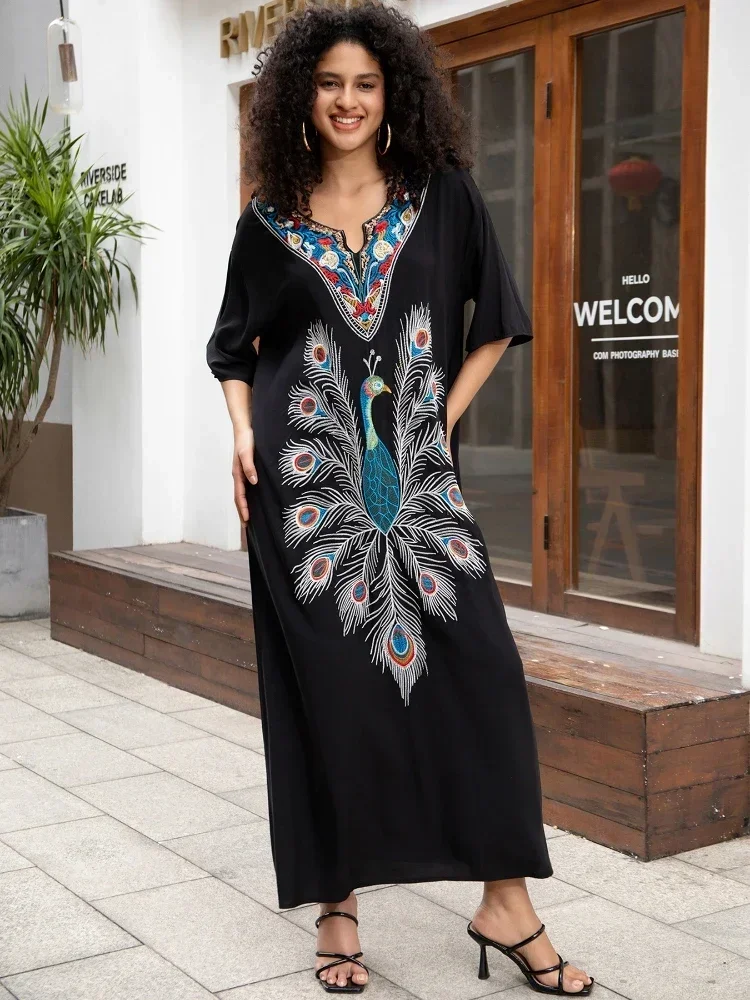 Peacock Embroidered Print Women Dress V-neck Clothing Caftan Robe Casual Short Sleeve Loungewear Loose Maxi Dresses Q1663