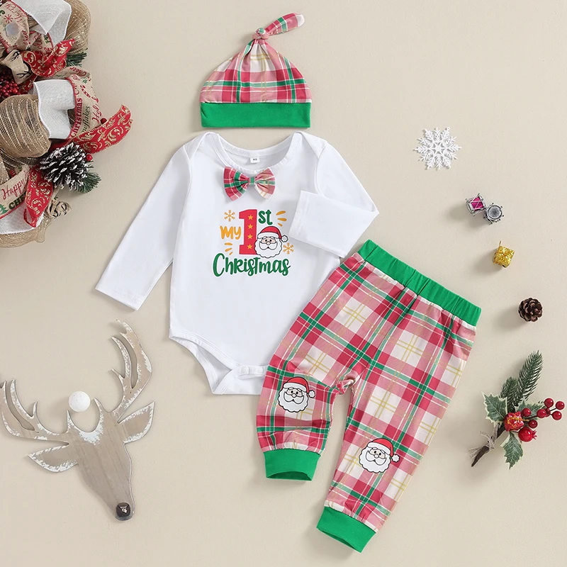 

2023-10-07 Lioraitiin 0-24M Infant Baby Boys Christmas Outfits Letter Print Long Sleeve Romper with Plaid Pattern Pants and Hat