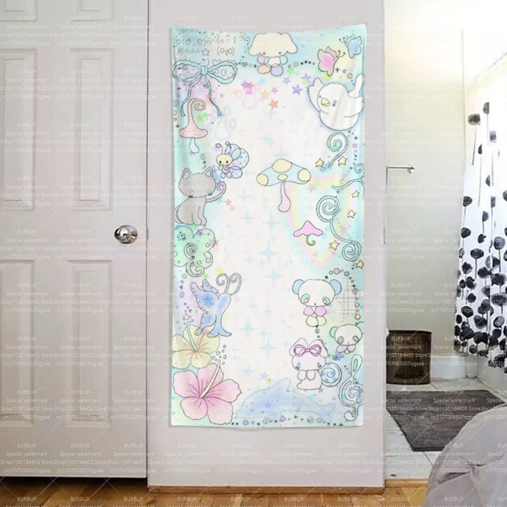 

ins Japanese and Korean style white, pink, blue cute illustration elements tapestry and hanging cloth for indoor decoration