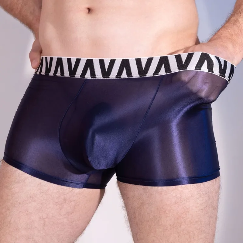 

Men's Shiny Oil Glossy Underwear Sexy Bulge Pouch Boxer Shorts High Elastic Low Rise Sport Bottoms Bright See Through Trunk