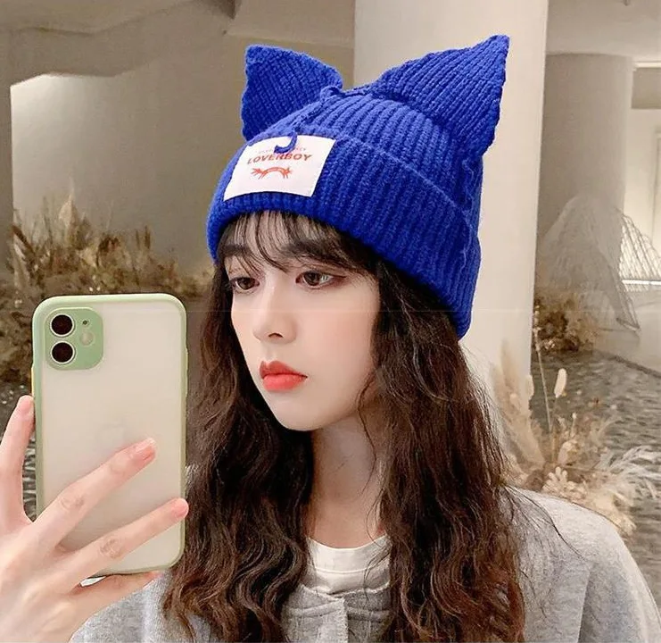 Kpop hyunjinニット帽、猫の耳、男性、暖かいキャップ、クリスマス