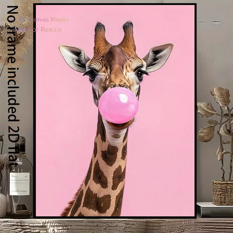 2D Flat, 2D Flat, [2D Flat]1pc Decorative Canvas Painting Giraffe Blowing Bubbles on Pink Background, Vibrant And Cute Art De