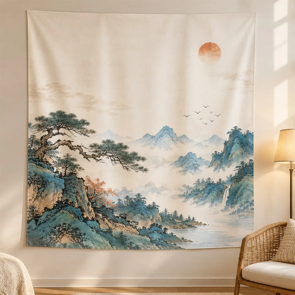 VIKAMA Chinese Blue Green Landscape Layered Bands Tapestry Wall Hanging, Oriental Wall Decor Tapestries for Study Living Room
