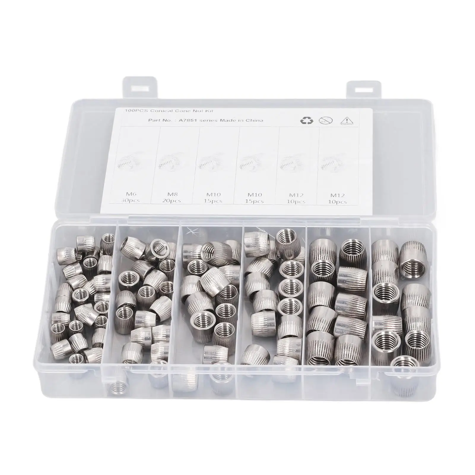 

100Pcs Knurled Conical Nut Set 304 Stainless Steel Sizes 6mm 8mm 10mm 12mm Durable Fasteners for Various Applications