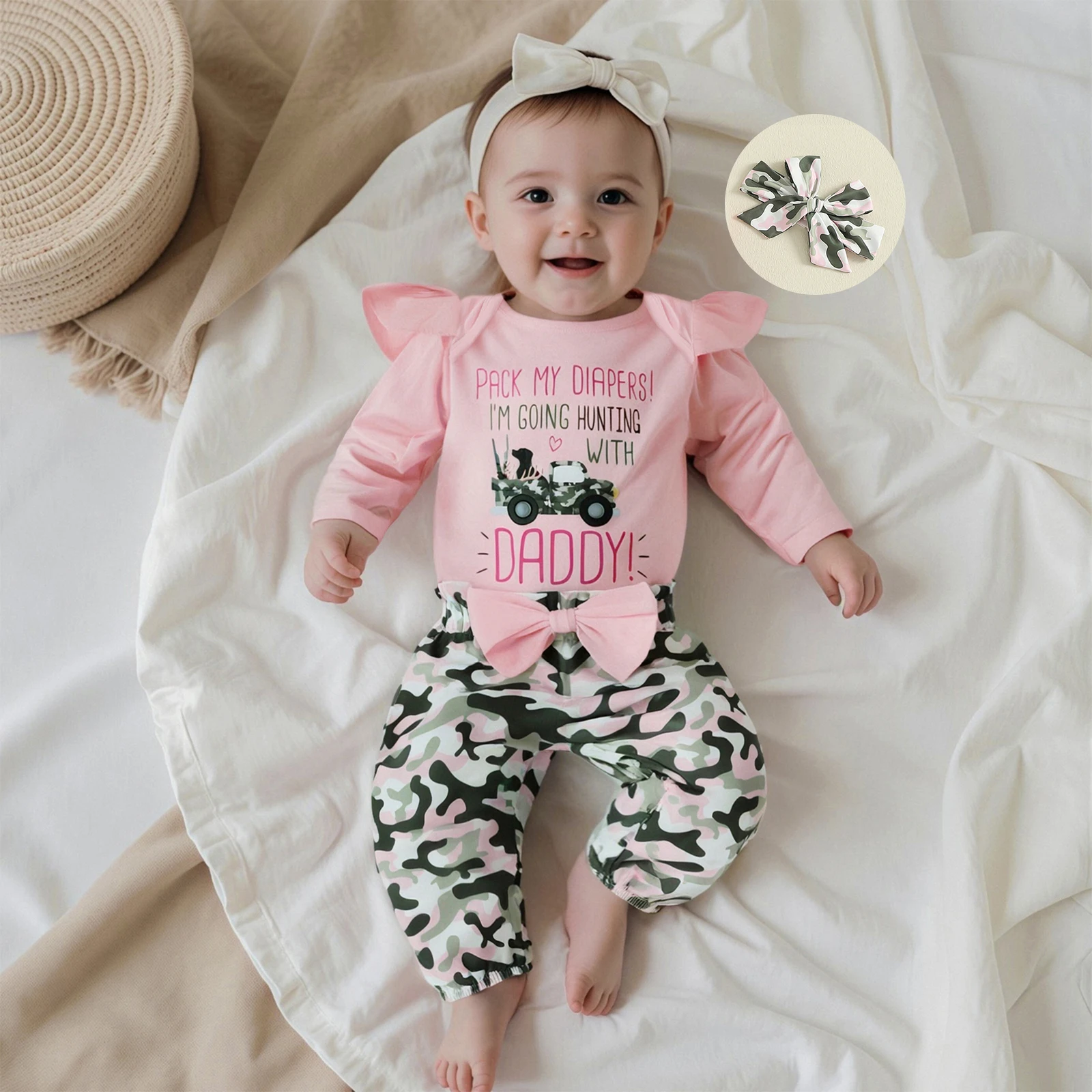 

Spring Fall Baby Girl Outfit Letter Print Long Sleeve Romper with Camouflage Pants and Headband 3 Piece Sets