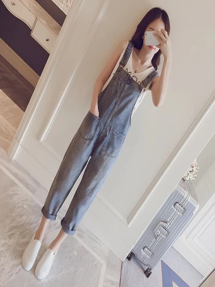 

Spring 2023 Korean Sle Loose Denim Overalls Women's Summer Nine-Piece Student Strap Pants High Waist Worn-Out Waed Multi-...