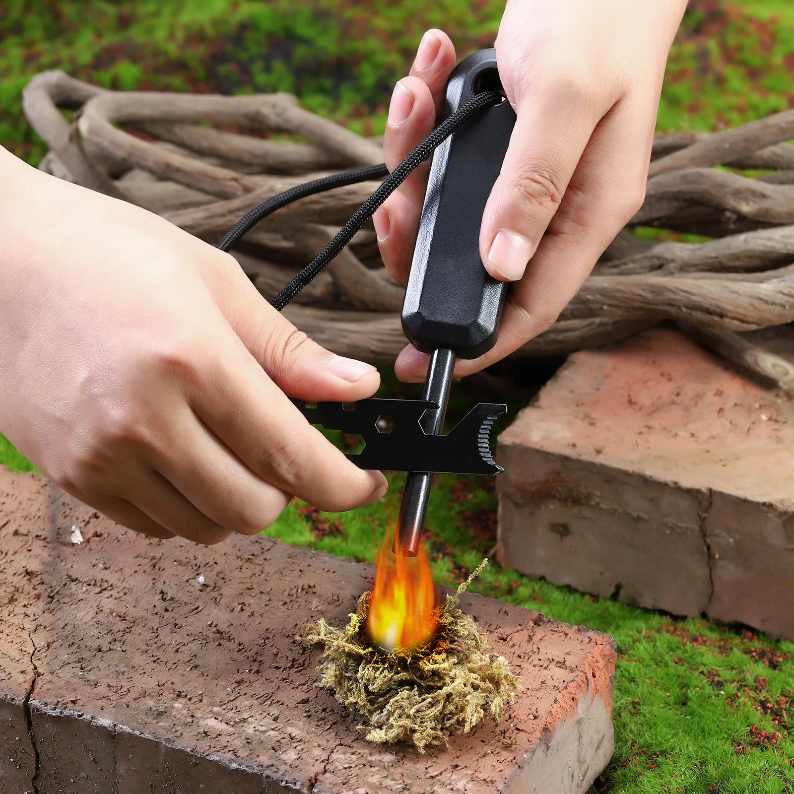Long‑Handle Ferrocerium Fire Starter, Multi‑Cut Functional Scraper, Nylon Lanyard, Compact Outdoor Camping Survival Tool