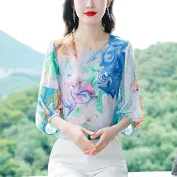 2023 New Summer Fashion Tie Dye Multicolor O-neck 3/4 Sleeve Blouse Ladies Simplicity Loose Printing Pullover Women's Shirt Tops