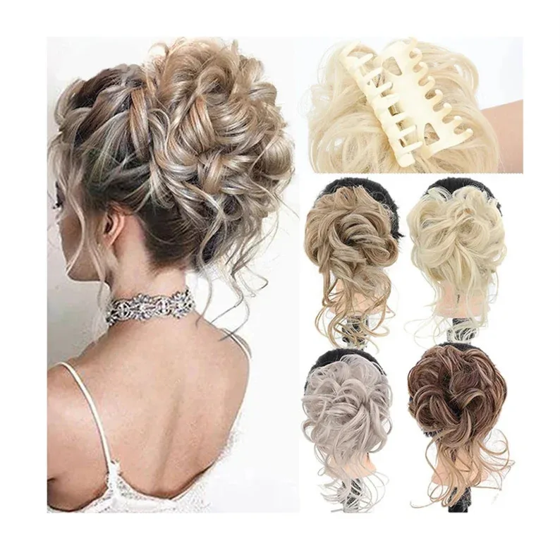 Women's Romantic Wedding Daily Curly Hair Bun Chignon Synthetic Elastic Natural Bun Clip Hair Tail Extensions Wig Piece Hair