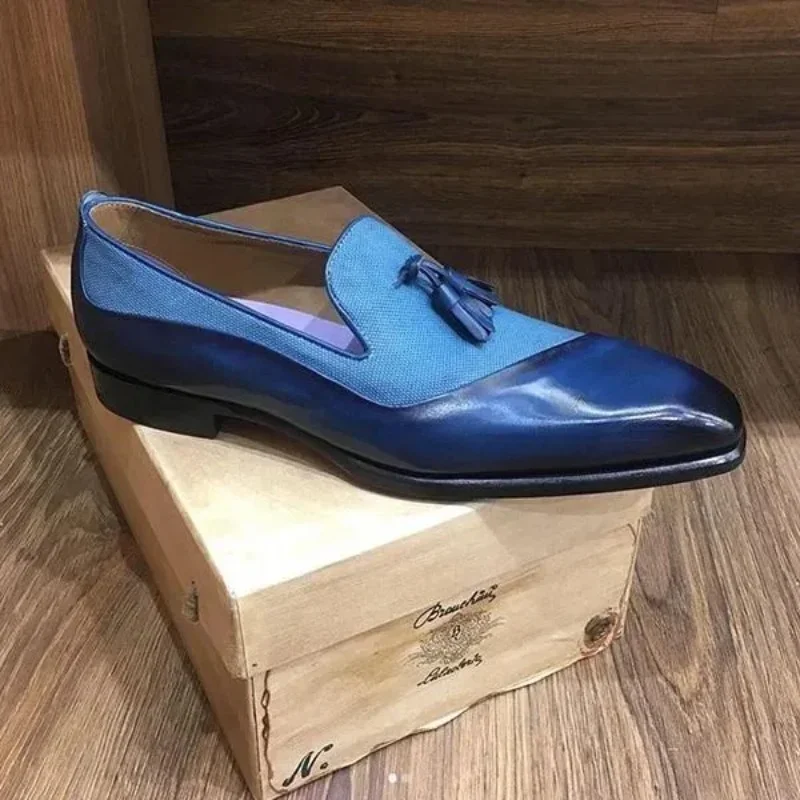 Sepatu loafer untuk pria hitam biru, sepatu pria dengan rumbai bulat, sepatu selop buatan tangan ukuran 38-48 untuk pria